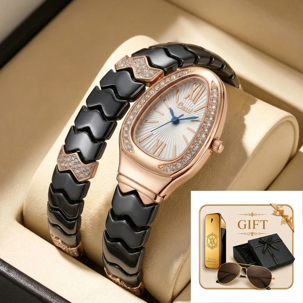Luxury Watch Gold And Black - 4pc Set Jam Tangan Wanita Keramik